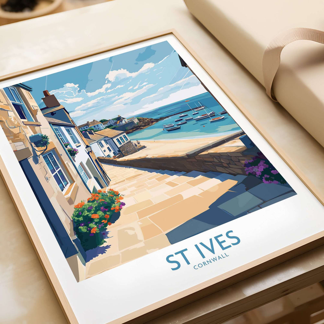 St Ives Cornwall alleyway wall art showcasing a coastal view with colorful flowers and boats.