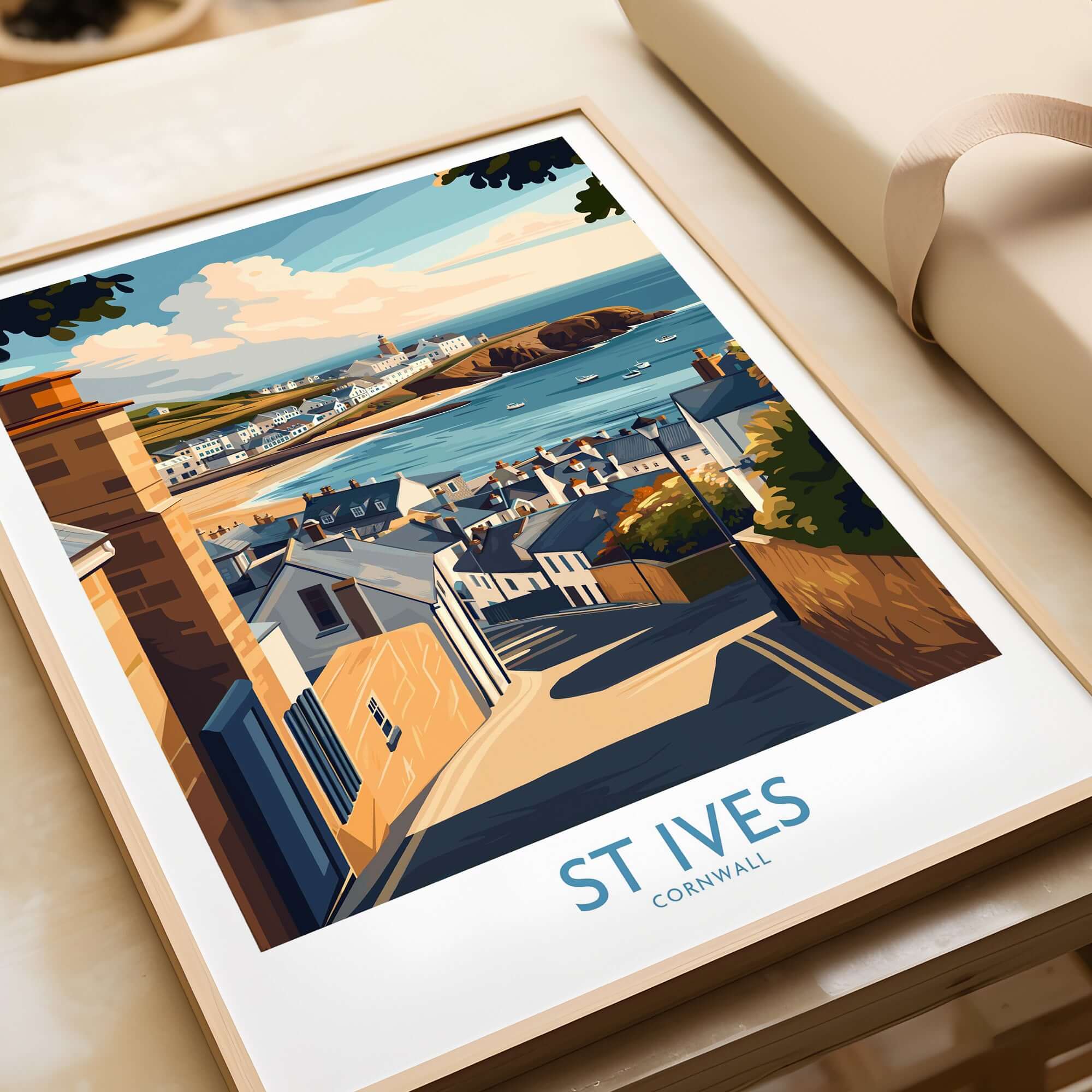 St Ives Cornwall Seaside Street Poster - Coastal Village Landscape Decor in a framed print showcasing coastal views.