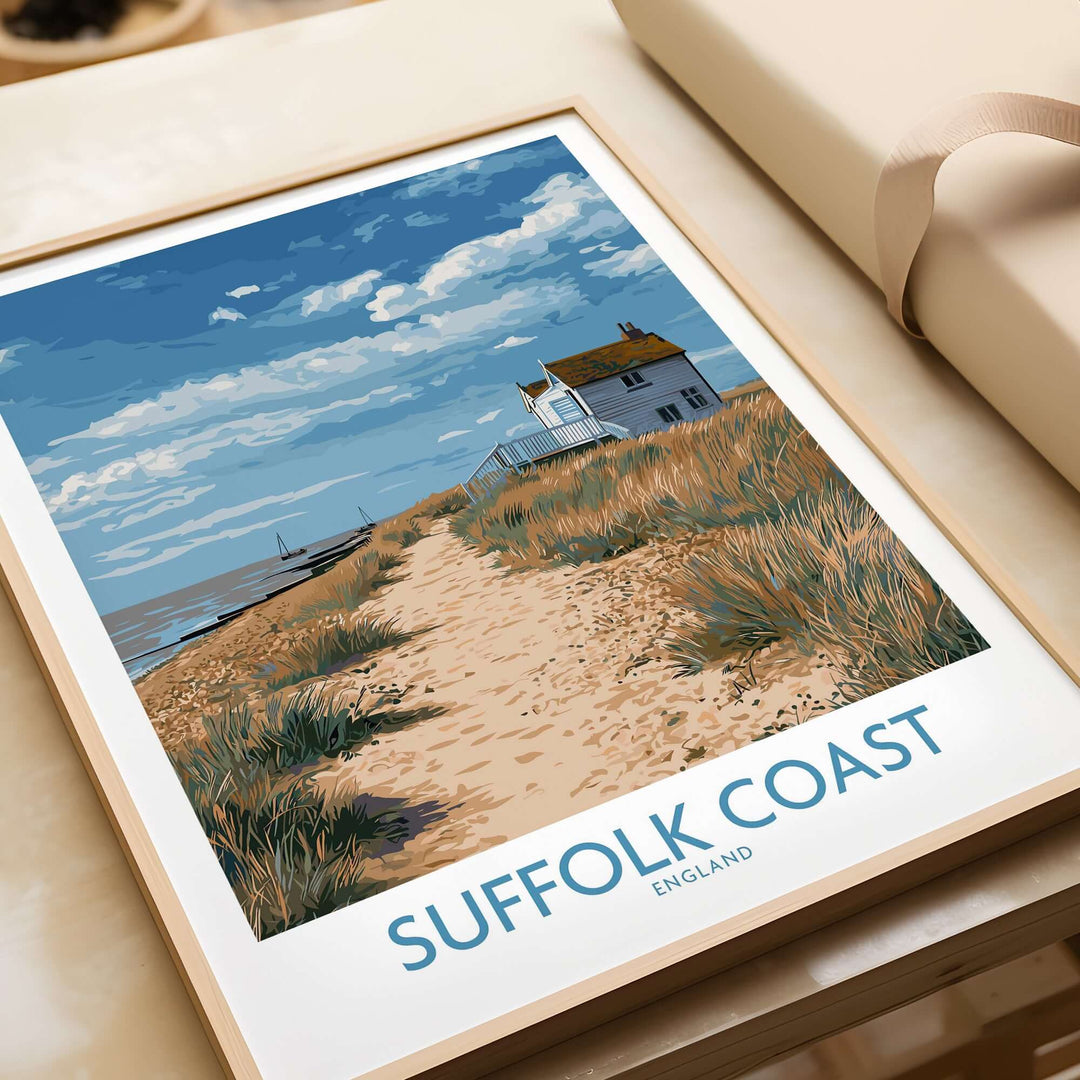 Suffolk Coast England poster featuring a serene shoreline and grass path, ideal for rural landscape decor.