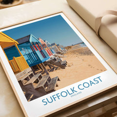 Suffolk Coast England Bright Beach Wall Art - UK Coastal Travel Decor featuring colorful beach huts on the shoreline.