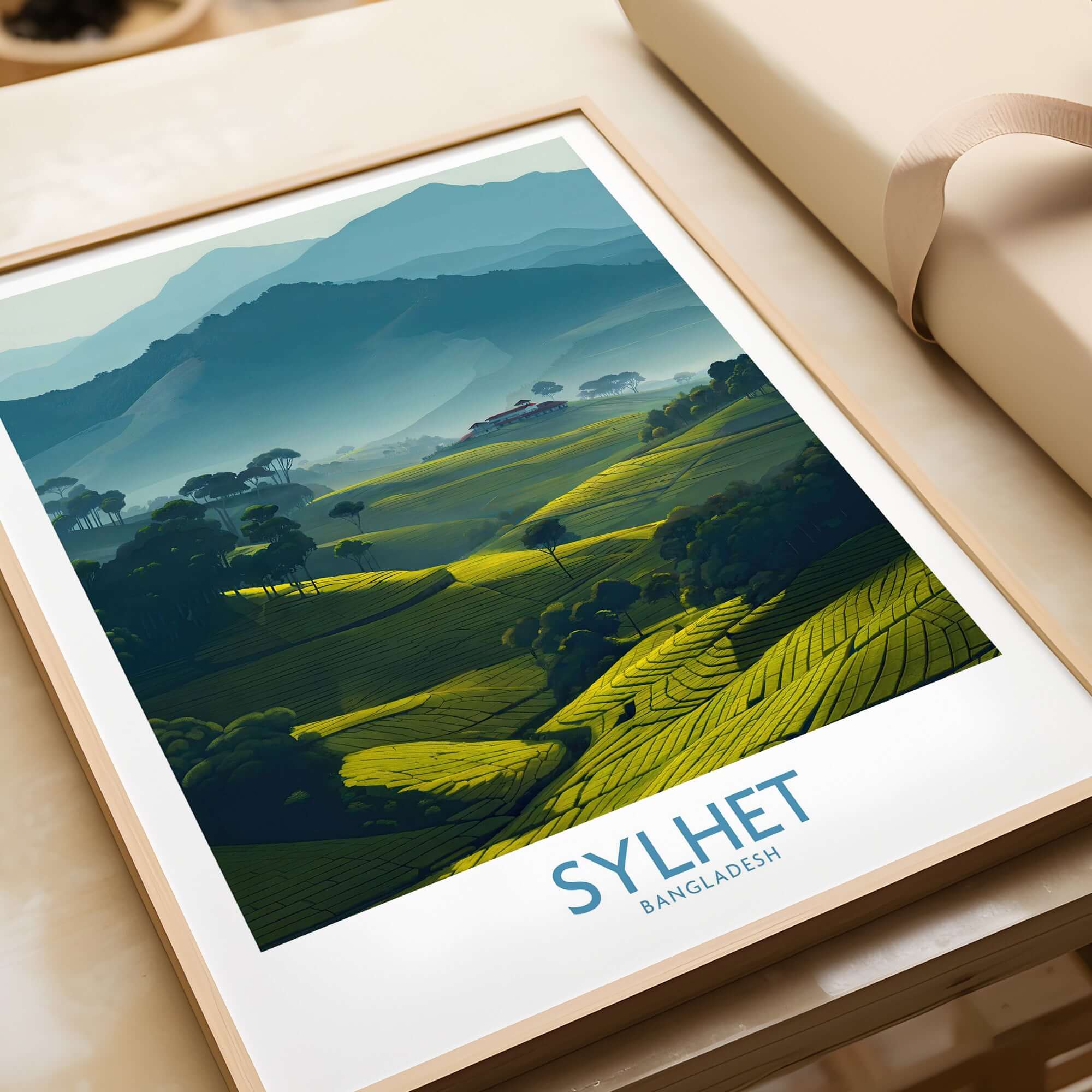 Sylhet Bangladesh Poster - Tea Plantation Fields Artwork featuring lush green hills and tea fields.