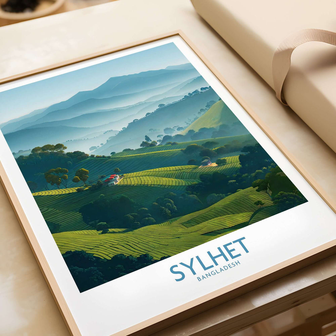 Sylhet Bangladesh tea plantation wall art showcasing lush green hills and serene landscapes, perfect for travel decor.