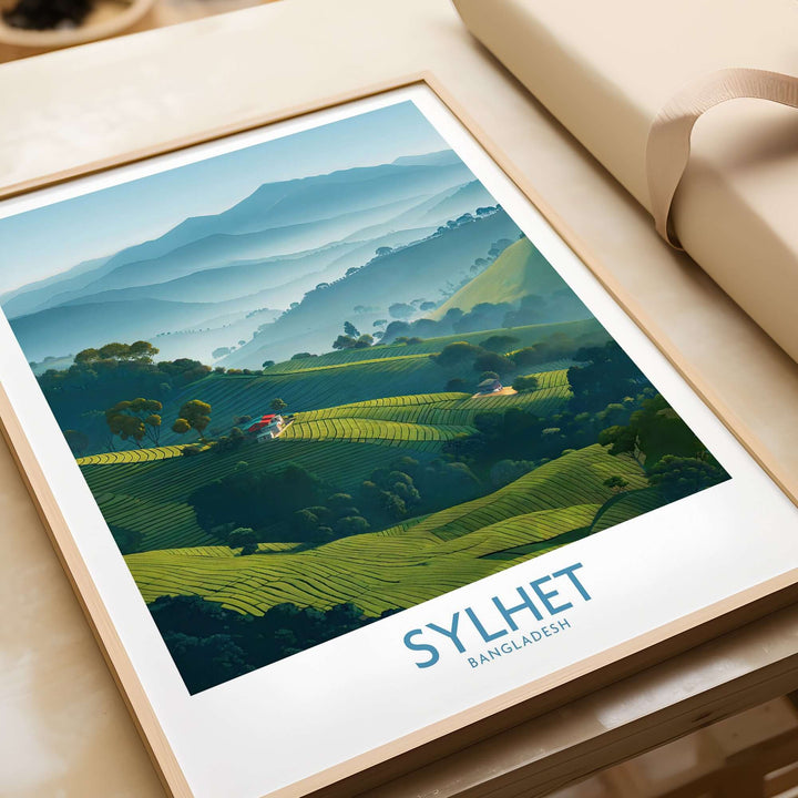 Sylhet Bangladesh tea plantation wall art showcasing lush green hills and serene landscapes, perfect for travel decor.