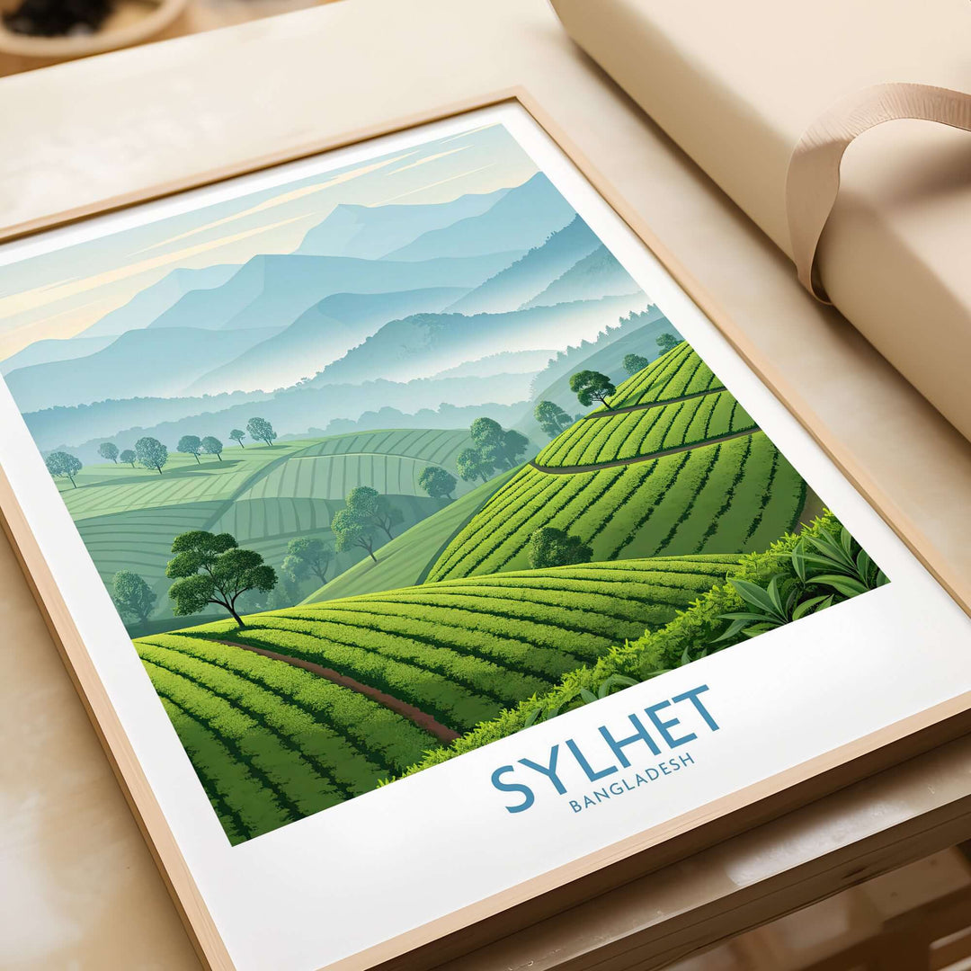 Scenic wall art of Sylhet, Bangladesh, showcasing lush tea plantations and serene mountain vistas.