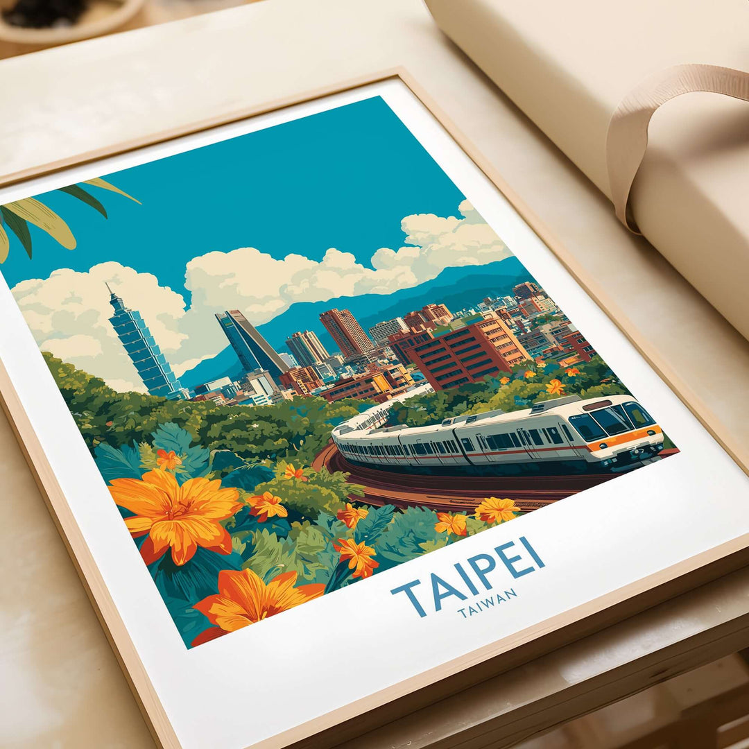 Taipei 101 poster featuring vibrant cityscape and train in Taipei, Taiwan, ideal for modern travel decor.
