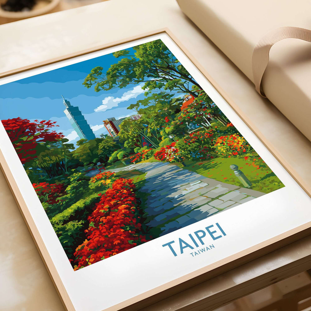Vibrant Taipei 101 Park view print with lush greenery, colorful flowers, and a picturesque urban pathway.