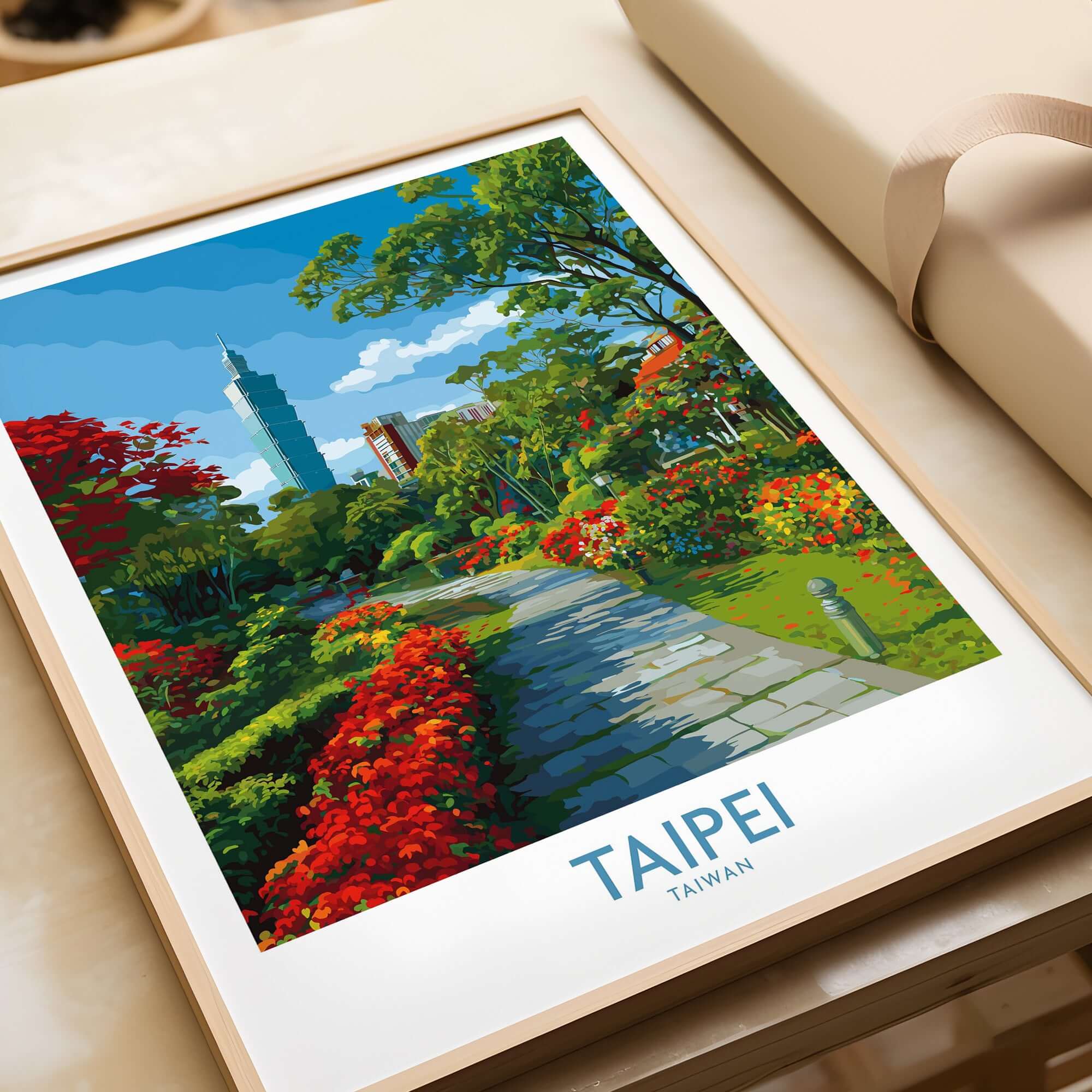 Taipei Taiwan Taipei 101 Park View Print - Vibrant Urban Green Space Decor showcasing lush greenery and city skyline.