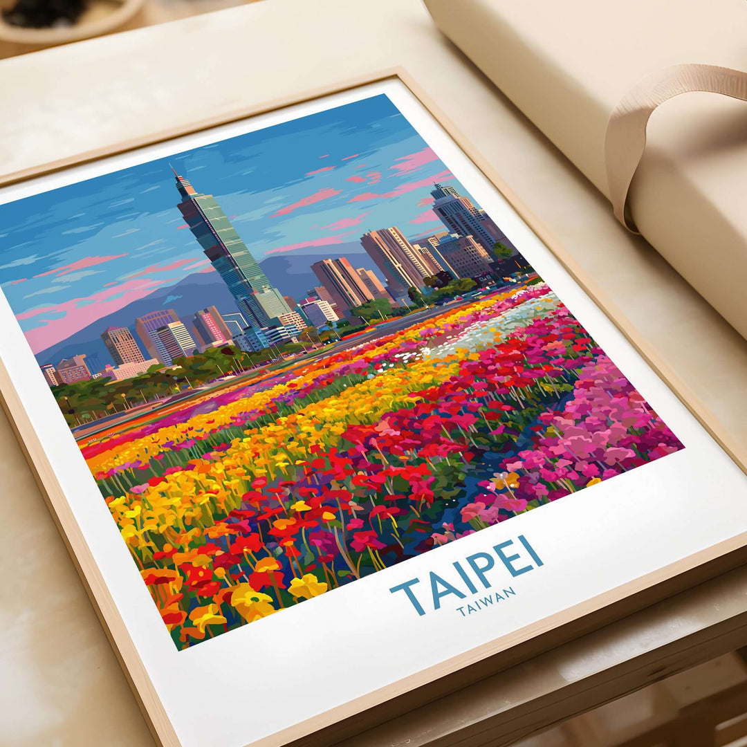 Colorful Taipei Taiwan poster showcasing the city skyline and vibrant flowers, perfect for urban travel enthusiasts.