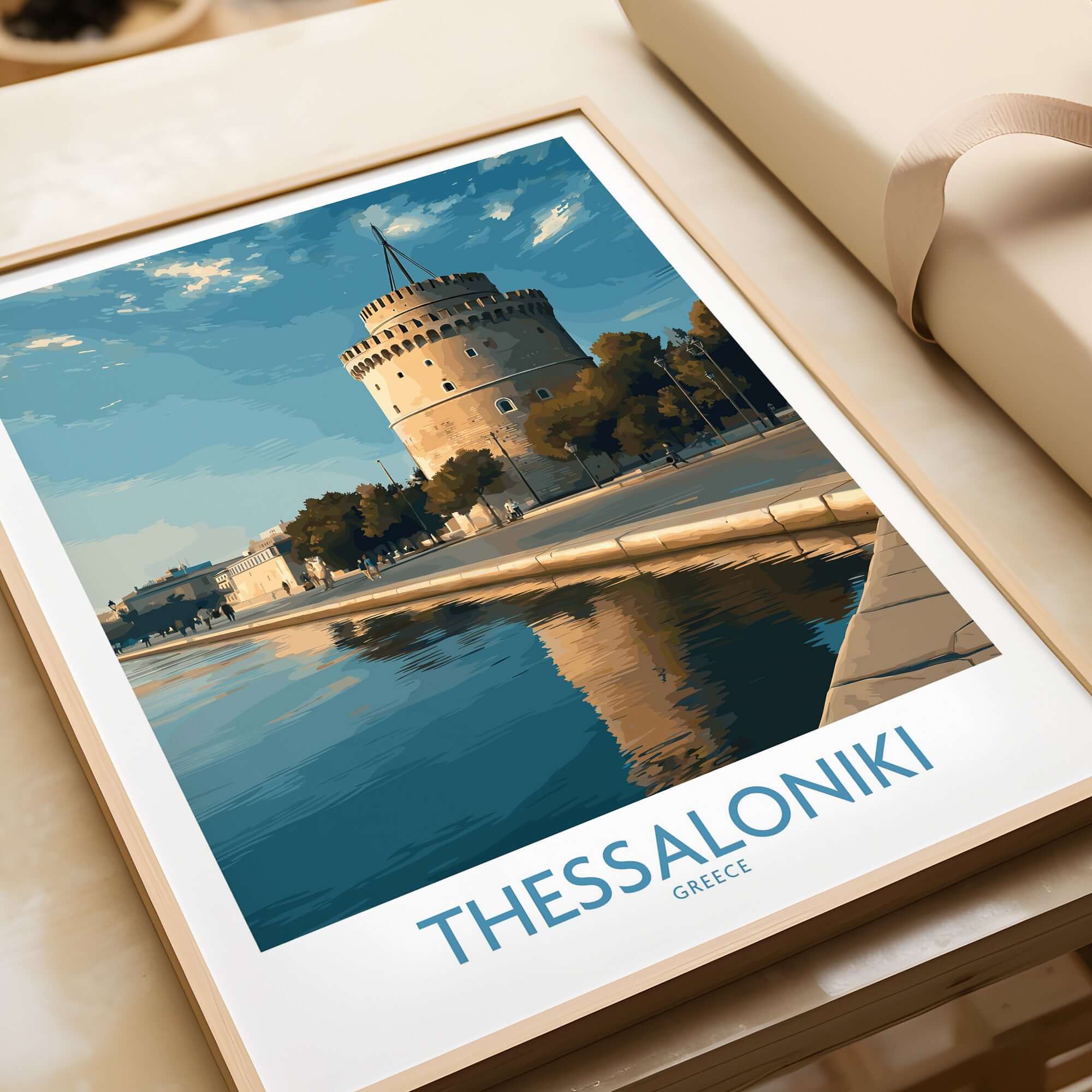 Thessaloniki Greece Print - White Tower of Thessaloniki art print displayed in a stylish frame.