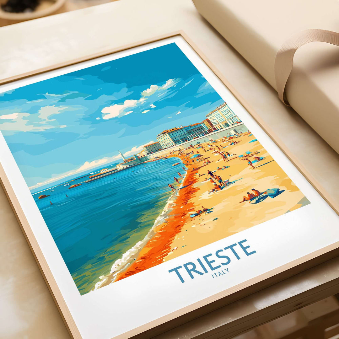 Trieste Italy poster showcasing a vibrant beach scene with people enjoying the sun and sea, capturing the charm of Italian travel.