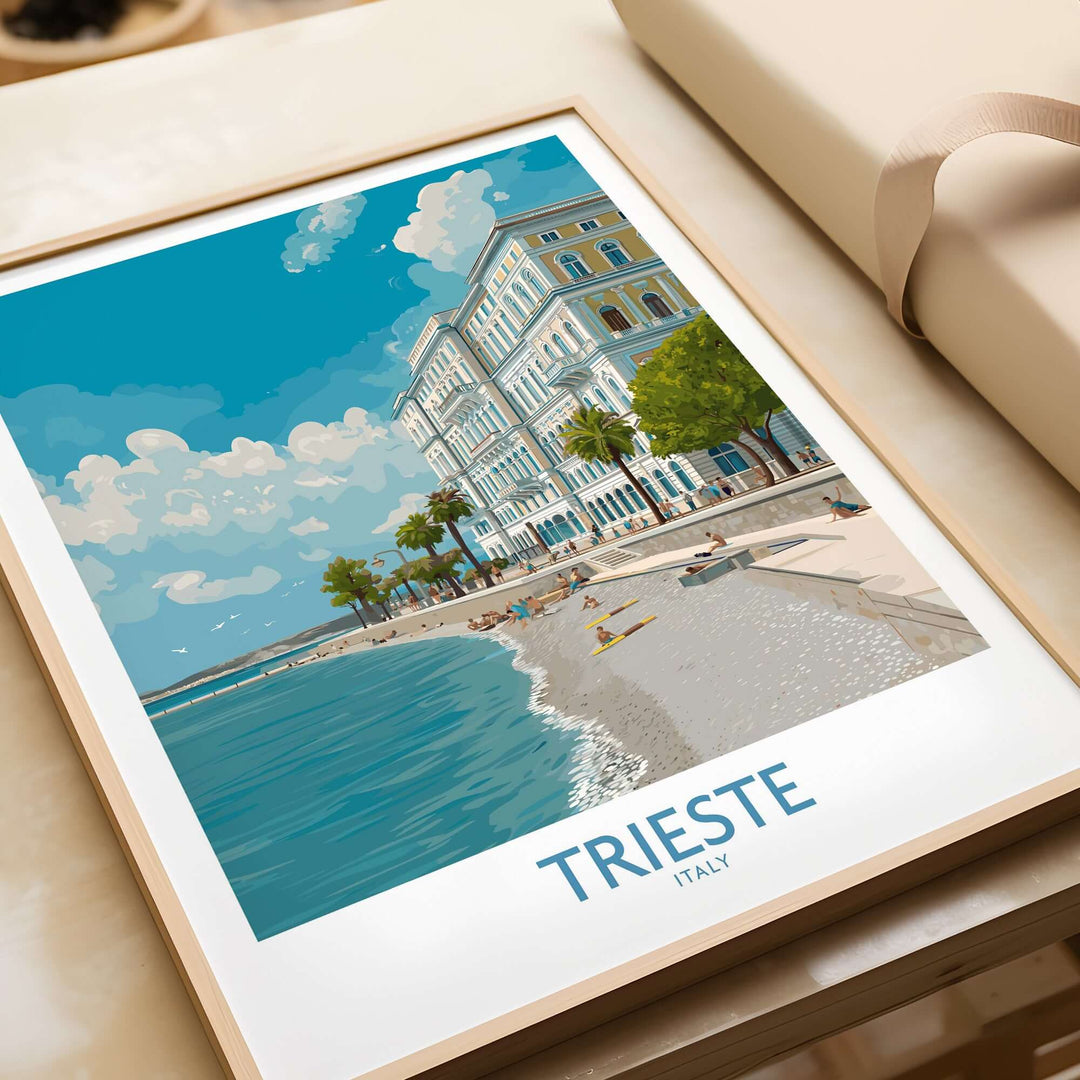 Trieste seafront poster showcasing stunning coastal views and vibrant atmosphere of Italy's scenic beach.