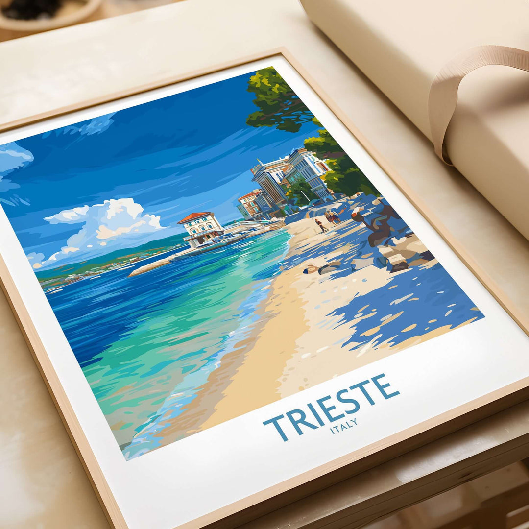 Trieste Italy beach poster featuring a serene Mediterranean coastline and charming seaside atmosphere.