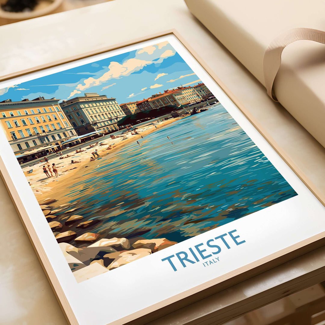Trieste Italy wall art travel poster featuring coastal scenery and historic buildings.