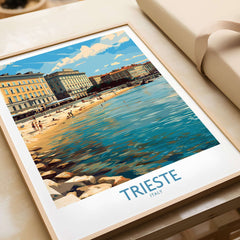 Trieste Italy Wall Art - Italian Travel Poster showcasing a scenic coastal view of Trieste's beach and historic buildings.