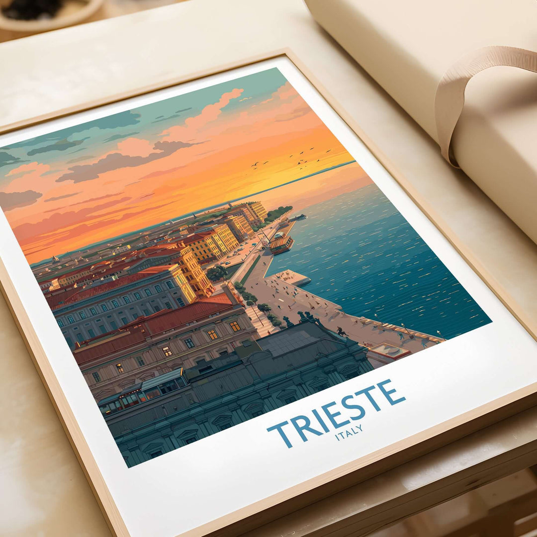 Trieste Italy Evening Poster showcasing serene waterfront and warm sunset glow.