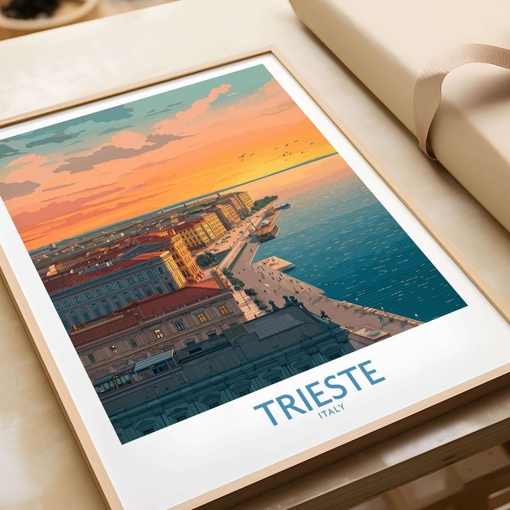 Trieste Italy Evening Poster showcasing serene waterfront and warm sunset glow.