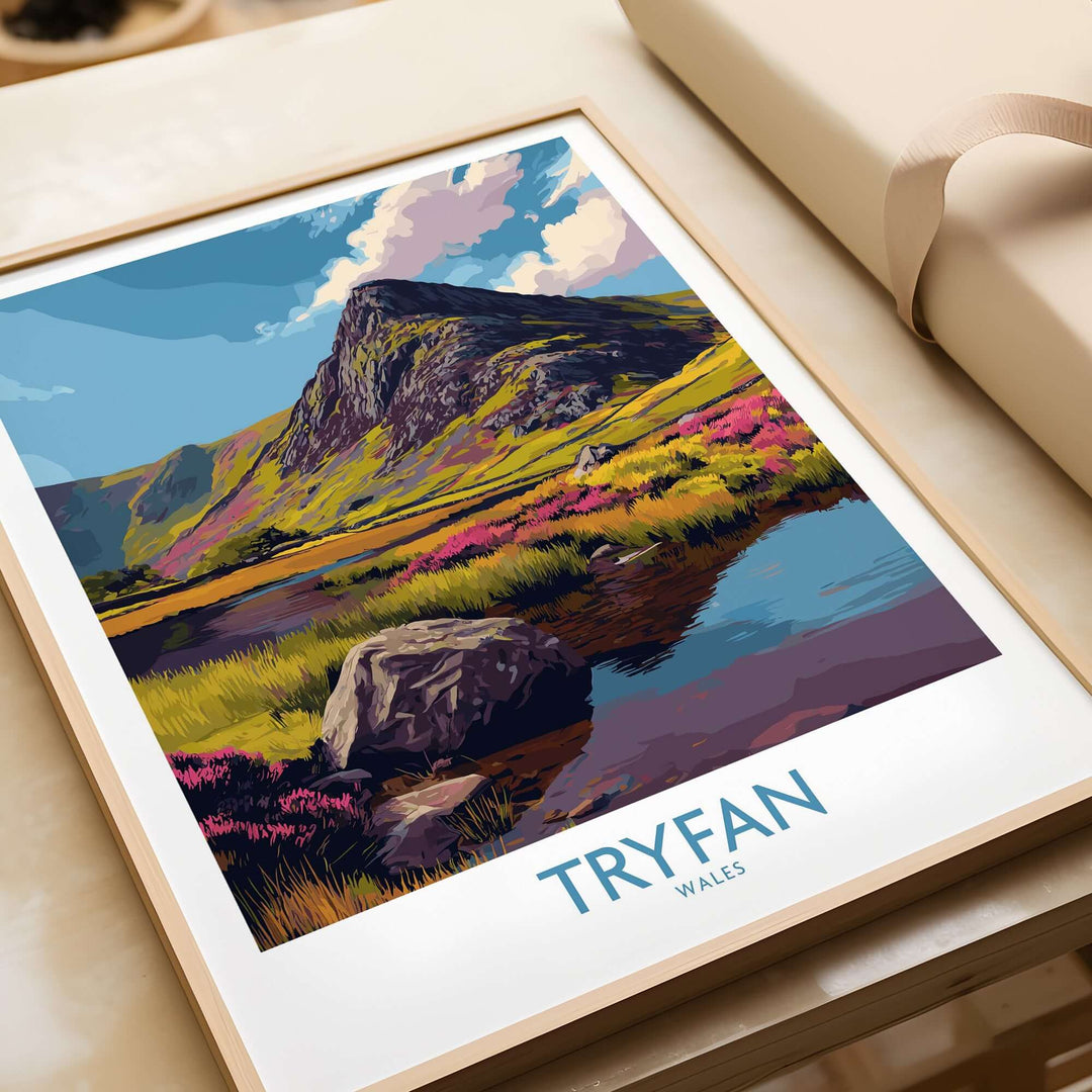 Stunning Tryfan Wales poster featuring vibrant heather fields and rugged peaks, perfect for Welsh wilderness decor.