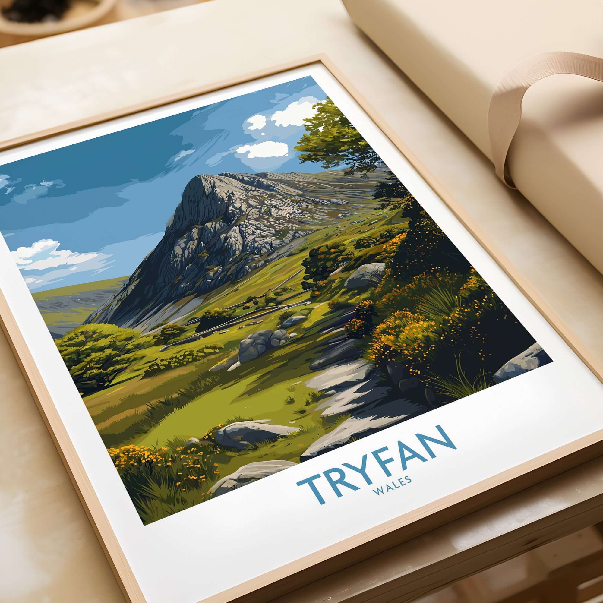 Tryfan Wall Art Wales Hiking Trail - Snowdonia National Park Decor showcasing a stunning mountain landscape.