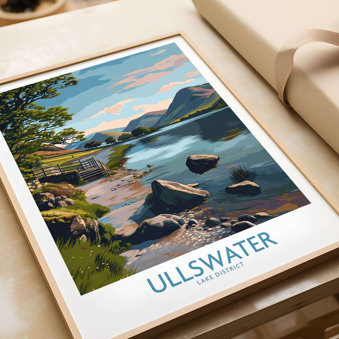 Ullswater Lake District mountain vista poster showcasing a scenic hiking trail and calm waters.