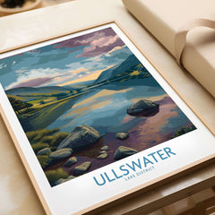 Ullswater Lake District Tranquil Lake View Poster - Scenic UK Landscape Decor displayed on a table.