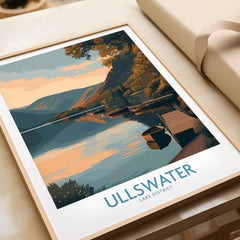 Ullswater Lake District Boat Moorings Wall Art - English Countryside Decor featuring serene sunset over tranquil waters.