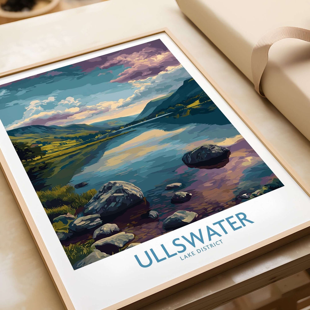 Ullswater Lake District poster featuring rocky shoreline and serene reflections, perfect for nature-inspired home decor.
