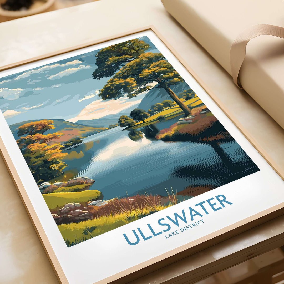 Ullswater Lake District autumn landscape wall art featuring serene trees and a reflective lake.