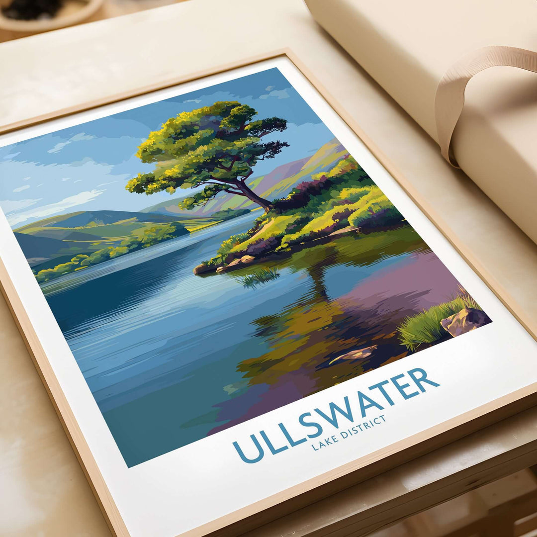 Ullswater Lake District poster featuring a serene lake and green hills, perfect for UK travel decor.