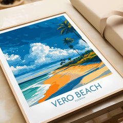 Vero Beach Sunny Coastal Landscape Print - Florida Travel Decor featuring a vibrant beach scene with palm trees and ocean waves.