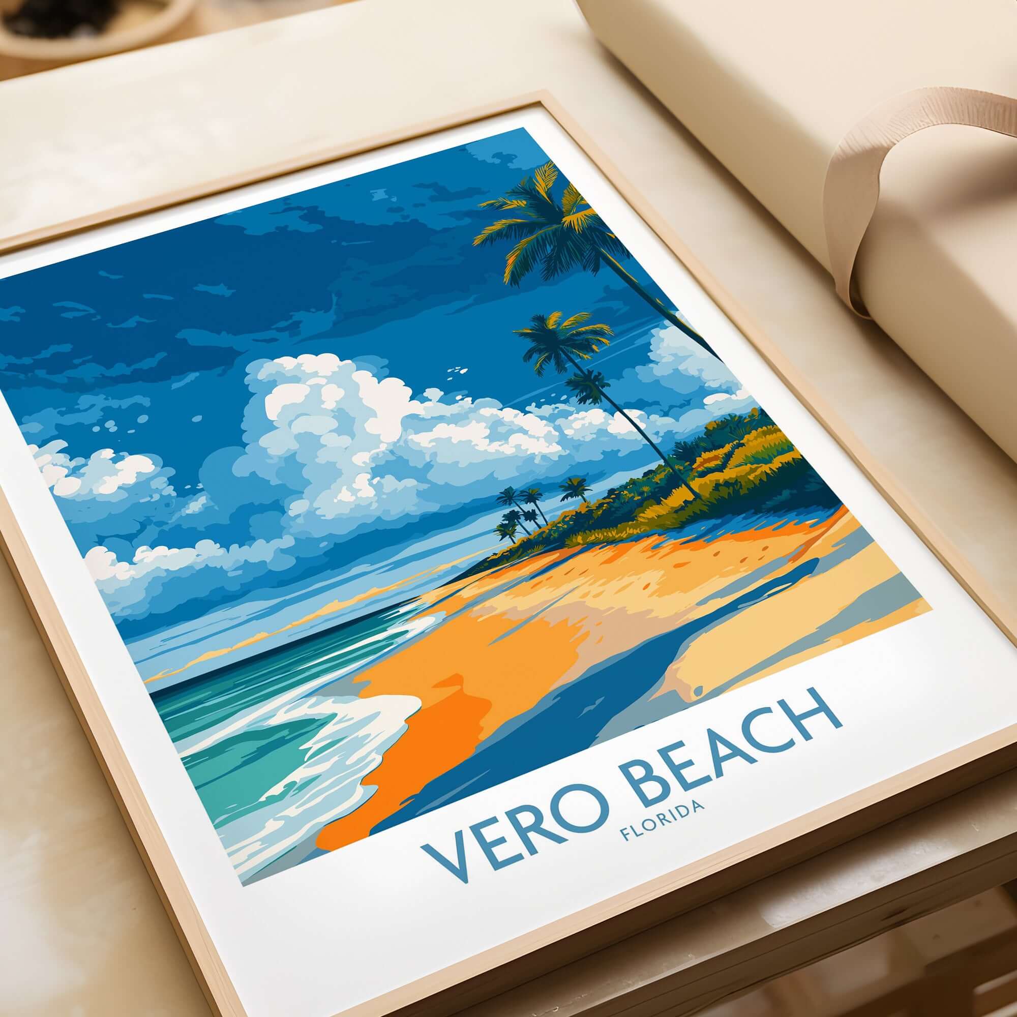 Vero Beach Sunny Coastal Landscape Print - Florida Travel Decor featuring a vibrant beach scene with palm trees and ocean waves.