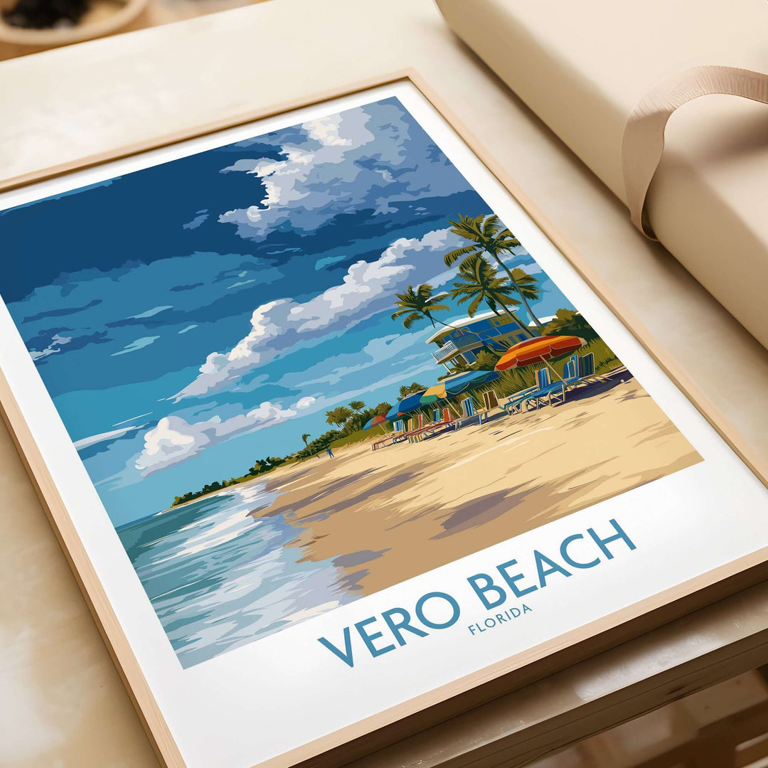 Vero Beach Florida poster featuring sunny beach umbrellas and loungers, capturing vibrant beach life and vacation vibes.