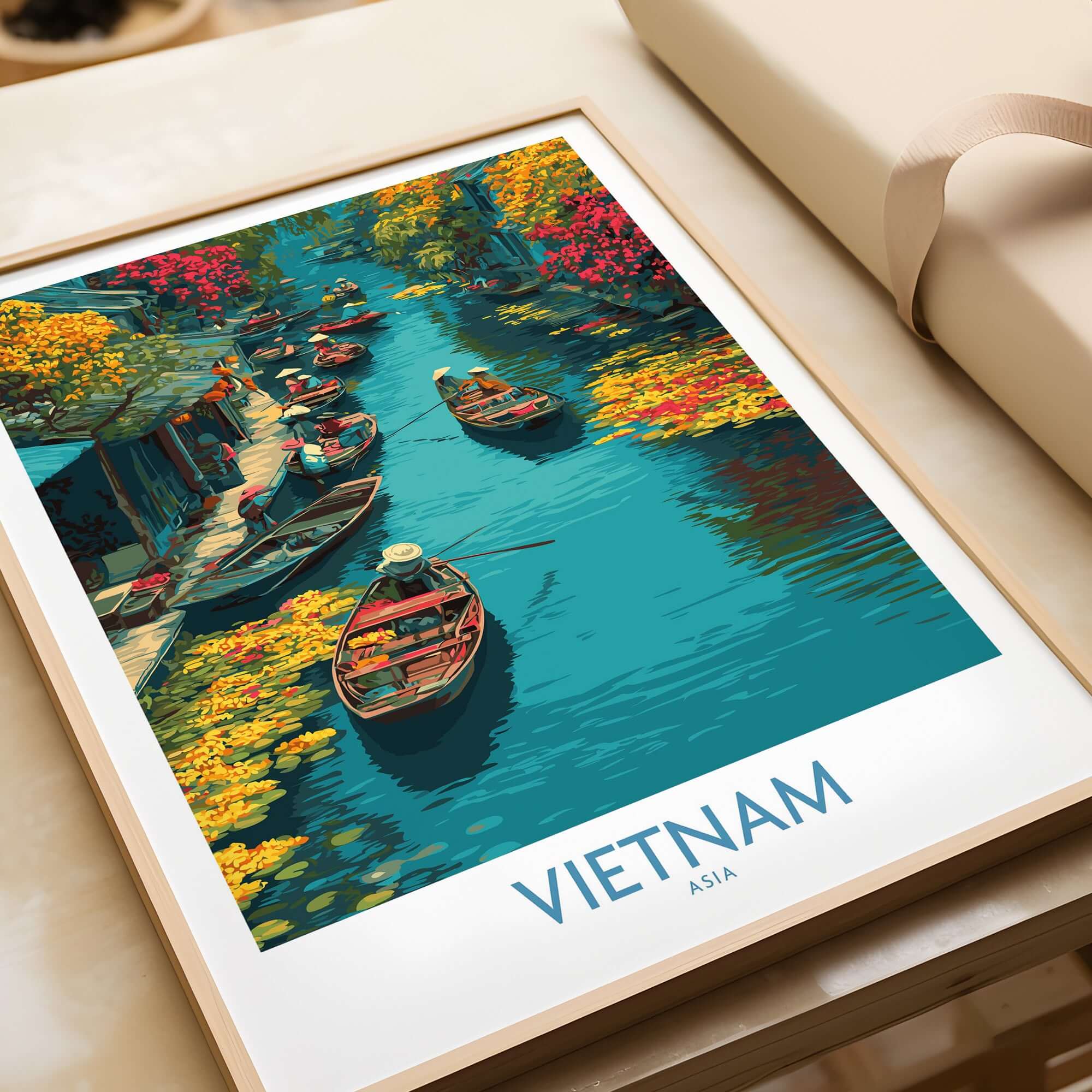 Vietnam Poster - Southeast Asia Travel Print showcasing vibrant boats on a colorful river, perfect for travel lovers.