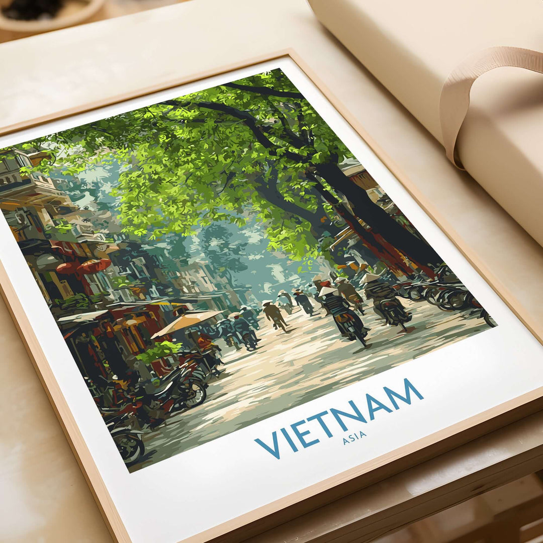 Vietnam Print featuring a traditional Asian scene with a serene street view and lush greenery.