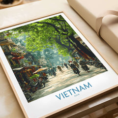 Vietnam Print - Traditional Asian Scene Wall Art featuring a vibrant street scene in Vietnam with greenery and people.
