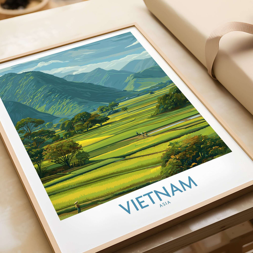 Vietnam wall art print featuring lush green rice fields and mountains in a serene countryside landscape.