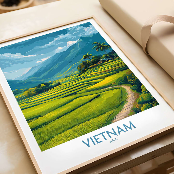 Vietnam art print showcasing lush green rice terraces and mountains, perfect for nature lovers.