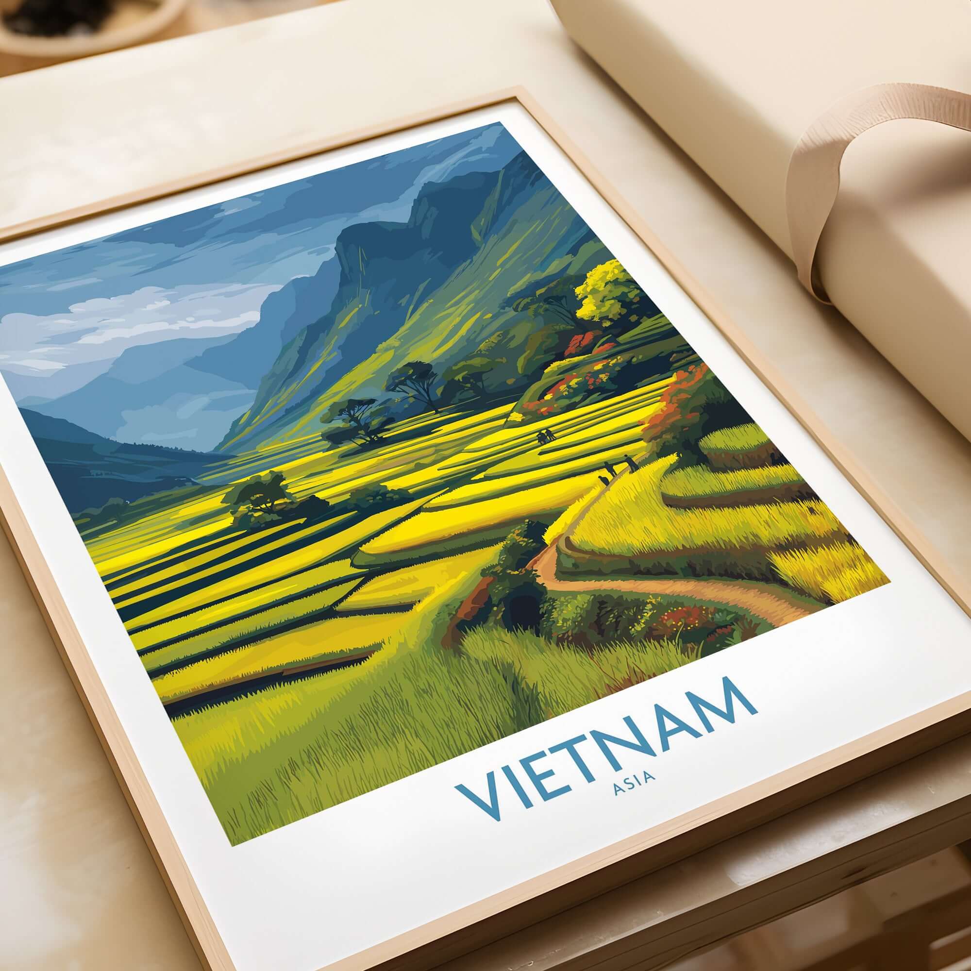 Vietnam Wall Art - Vietnamese Rural Travel Print showcasing vibrant rice terraces in Vietnam's countryside.