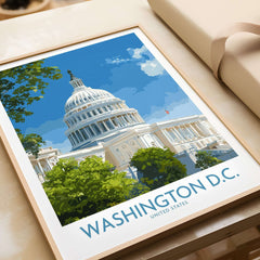 Washington D.C. Capitol Hill Poster featuring the iconic Capitol building surrounded by greenery and blue skies.