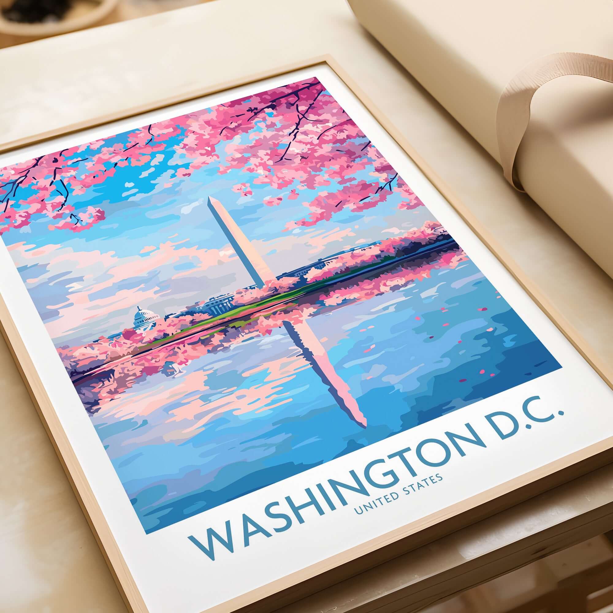 Washington D.C. Wall Art - Travel Print featuring iconic landmarks and cherry blossoms in a colorful design.
