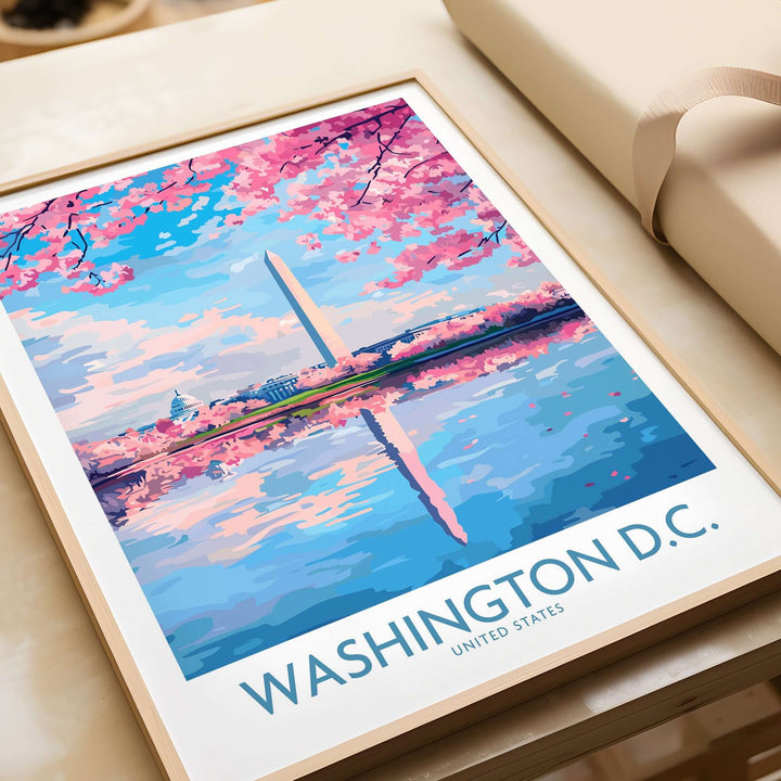 Colorful Washington D.C. travel print showcasing cherry blossoms and iconic skyline reflections.