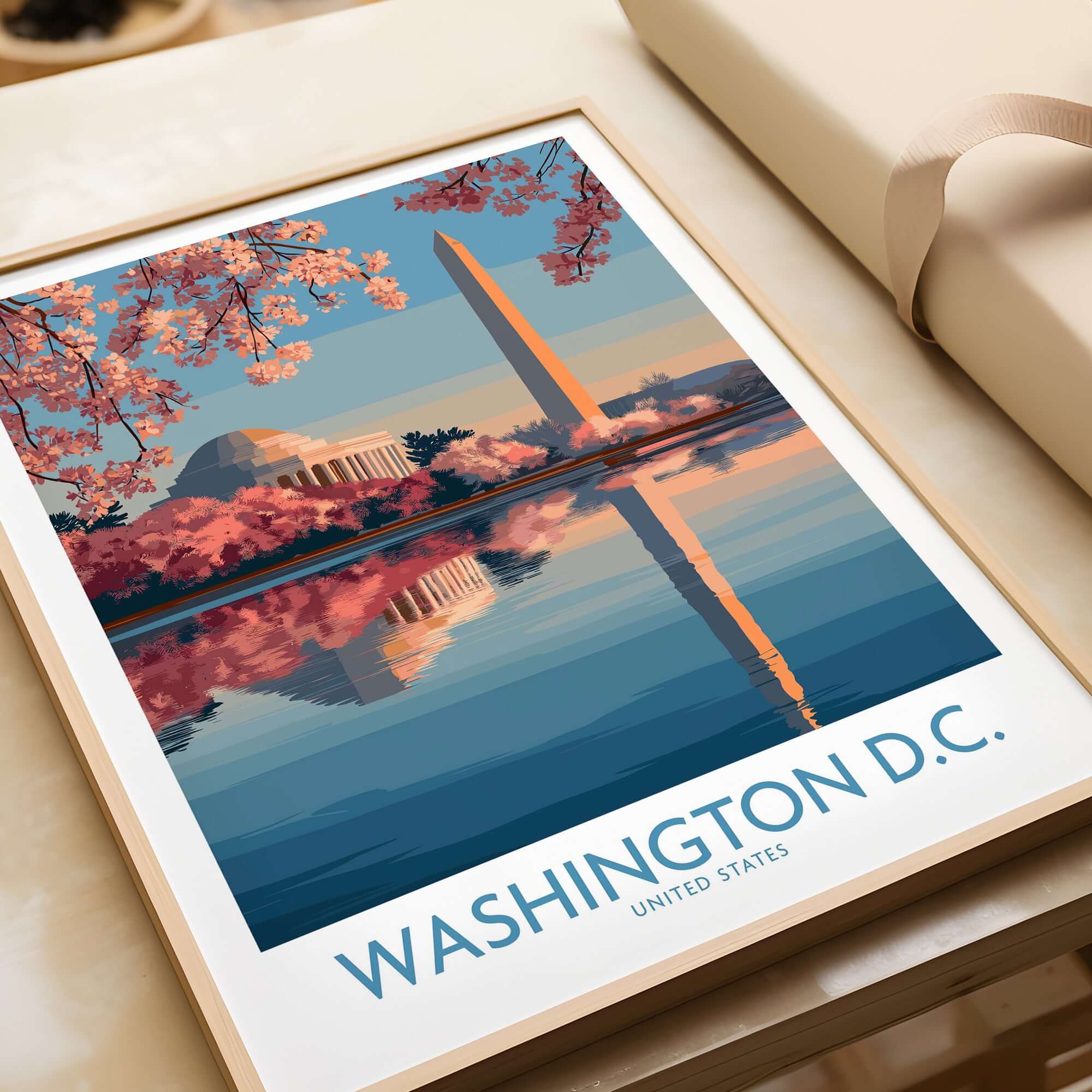 Washington D.C. Cherry Blossom Poster showcasing cherry blossoms and iconic landmarks reflecting in water.