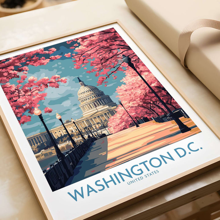 Washington D.C. US Capitol wall art with cherry blossoms and bright colors, perfect for American decor.