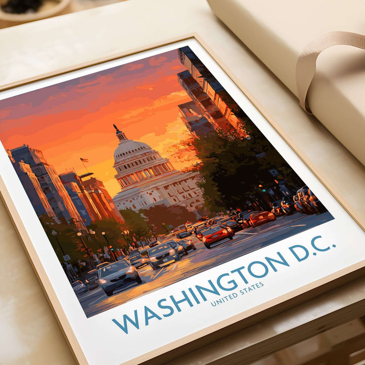 Vibrant Washington D.C. cityscape poster featuring the Capitol at dusk with urban traffic.