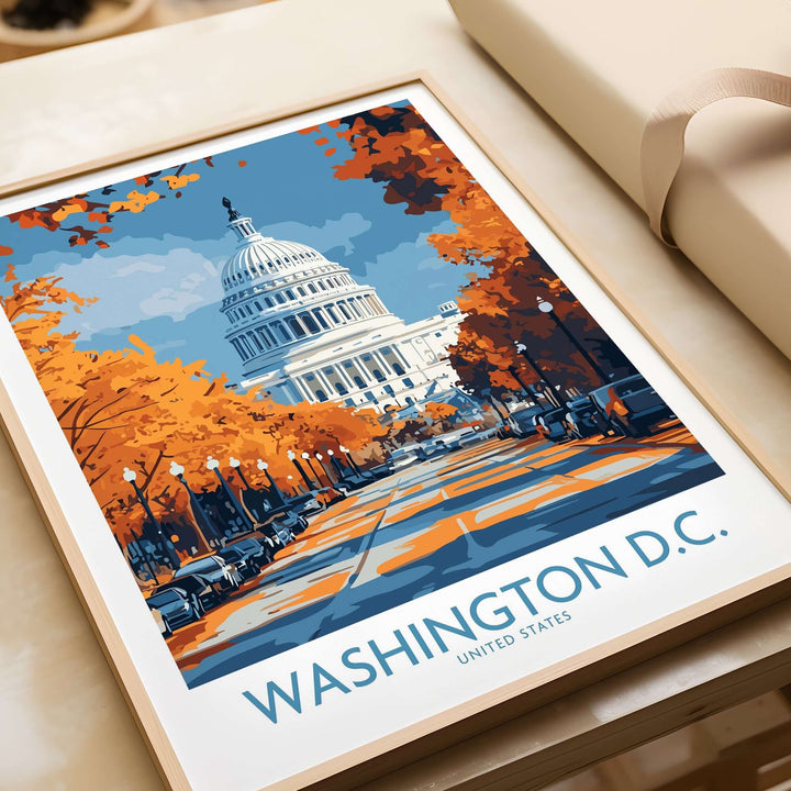 Colorful Washington D.C. Capitol Building poster with autumn trees, perfect for cityscape decor.