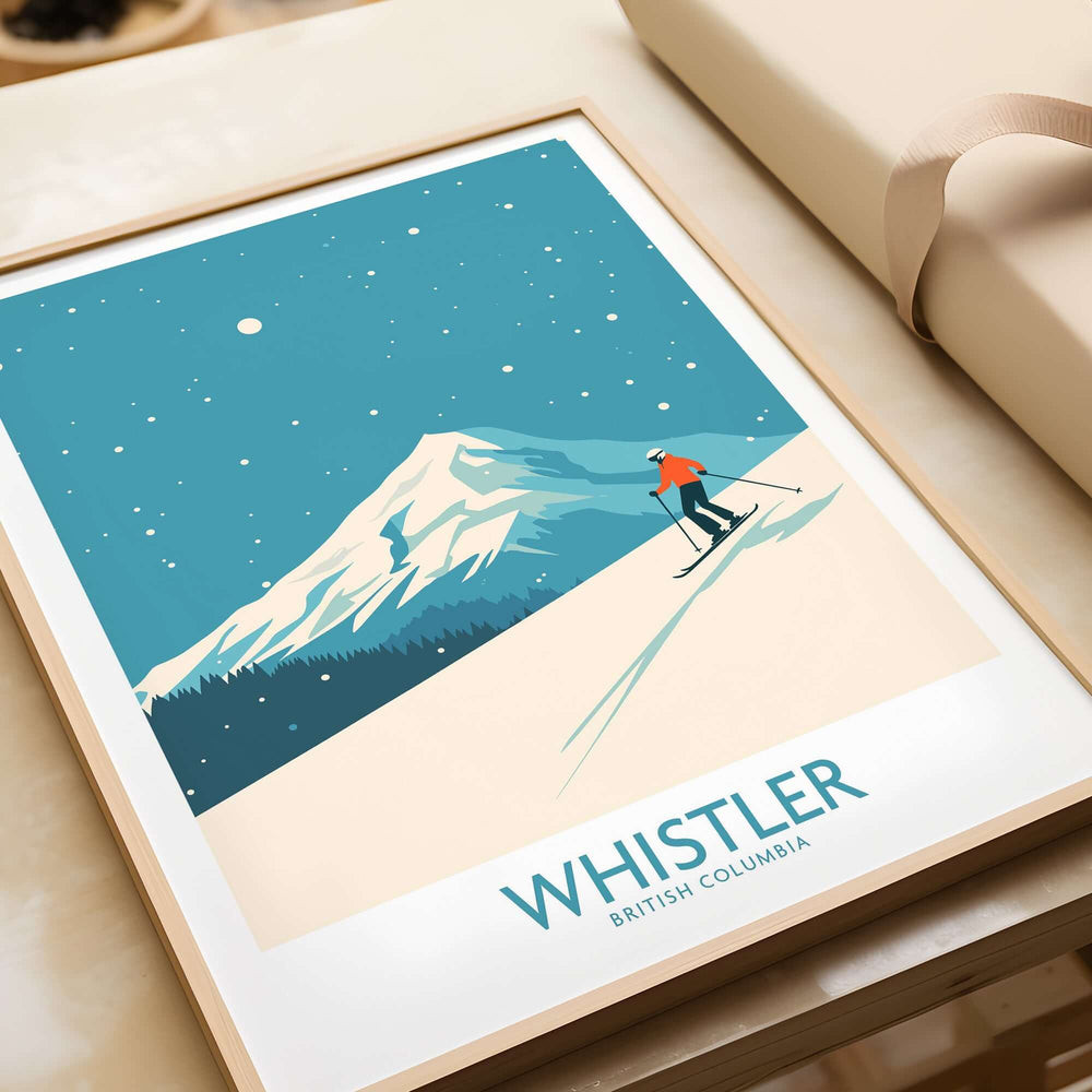 Whistler wall art print featuring a skier on snowy slopes in British Columbia, capturing the thrill of skiing.