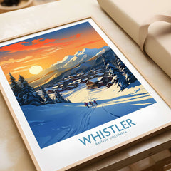 Whistler Wall Art Ski Poster featuring a stunning snowy landscape and sunset, perfect for home decor and skiing enthusiasts.