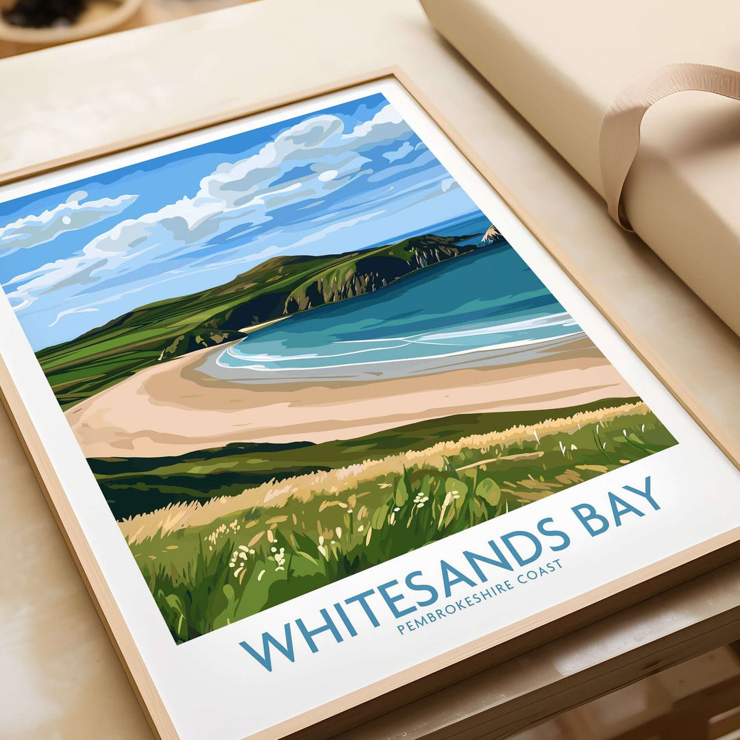 Whitesands Bay St David's Peninsula print showcasing vibrant beach scenery and coastal charm of Pembrokeshire, Wales.