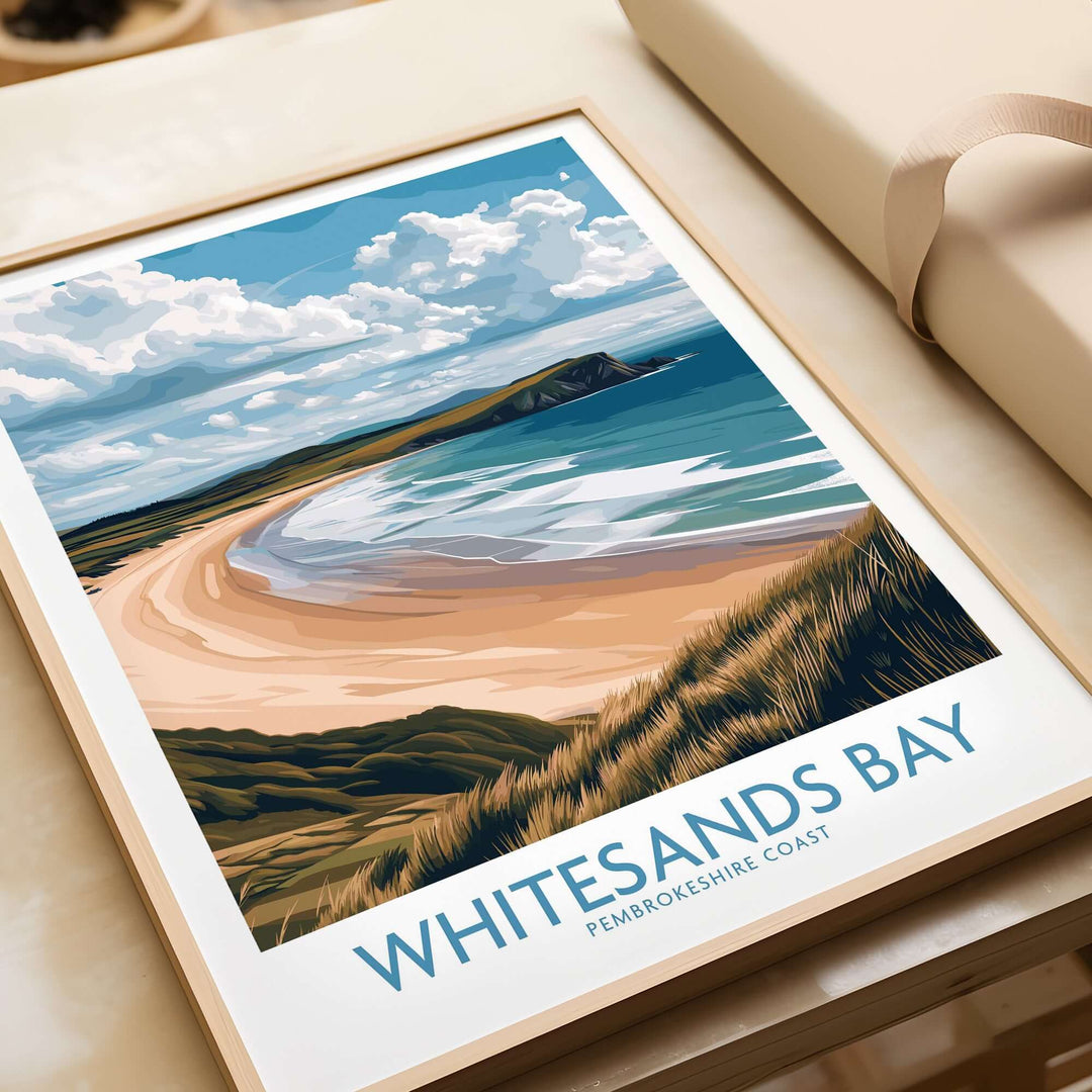 Whitesands Bay Pembrokeshire poster featuring grassy dunes and coastline, perfect for coastal decor.