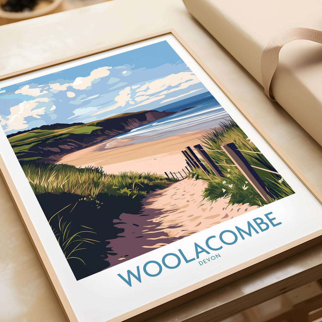Woolacombe Devon poster featuring a sandy beach path leading to the ocean with vibrant colors, perfect for seaside decor.