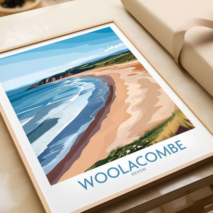 Woolacombe Devon coastal cliffs wall art featuring serene waves and sandy beach, perfect for UK travel decor.
